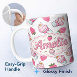 Personalized Custom Name Strawberry Cupcakes and Sweet Treats on Grey Background Seamless 11oz Ceramic Coffee Tea Mug White Large Handle