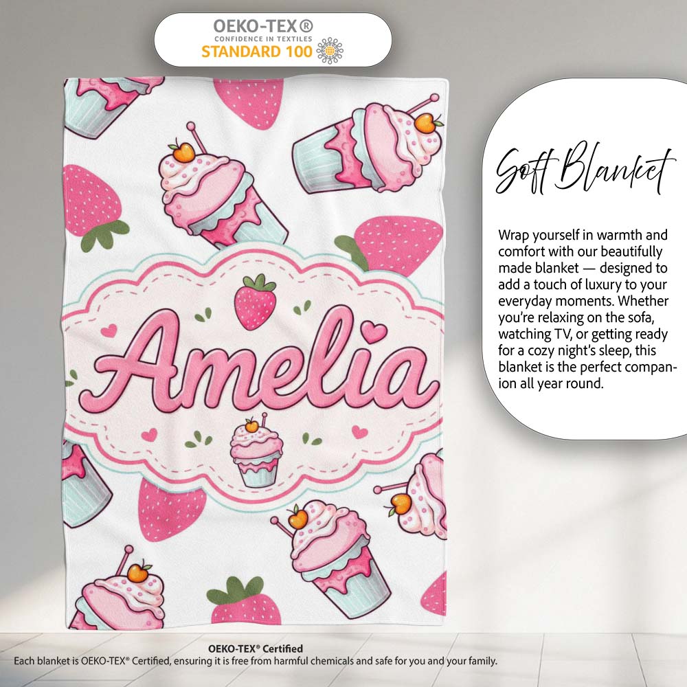 Strawberry Cupcakes and Sweet Treats on Grey Background Seamless  Personalised Custom Name Super Soft Fleece Blanket Bed Sofa Throw