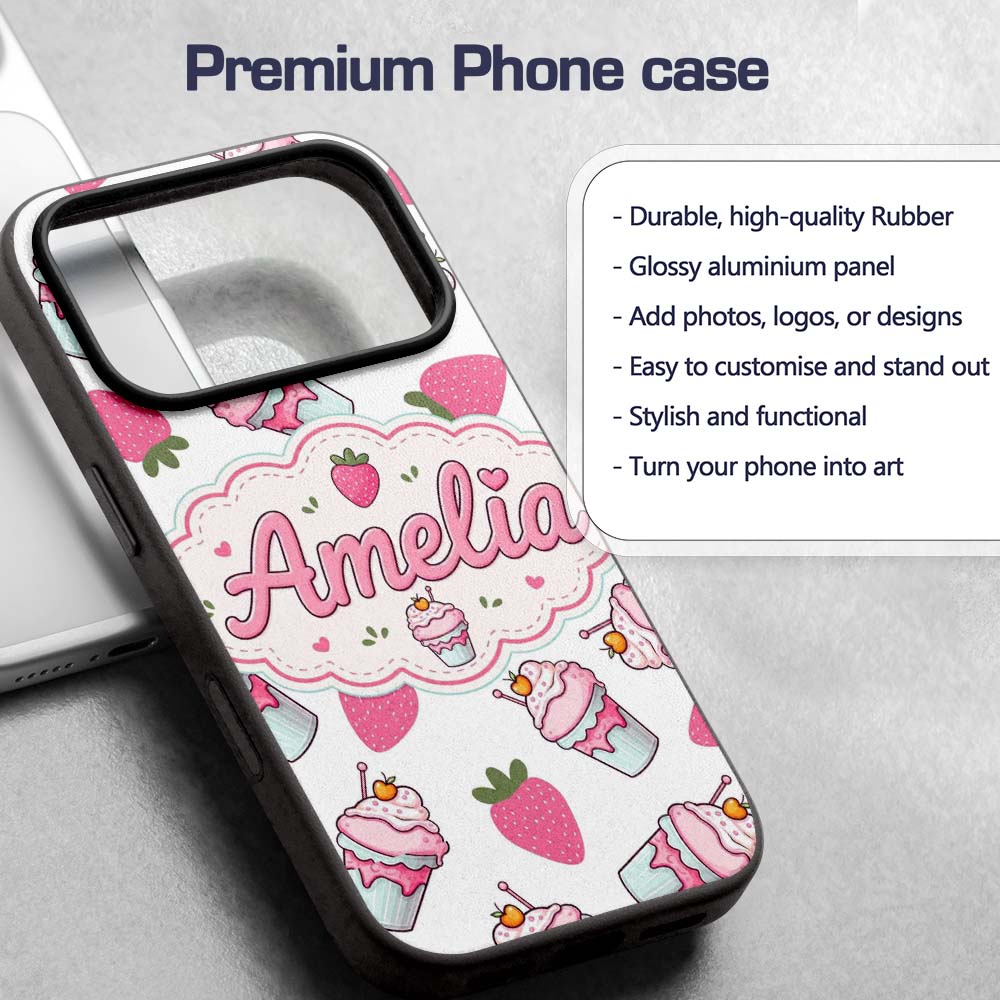 Strawberry Cupcakes and Sweet Treats on Grey Custom Name Protective Phone Case Mobile Cover Durable Everyday Smartphone Shock Resistant