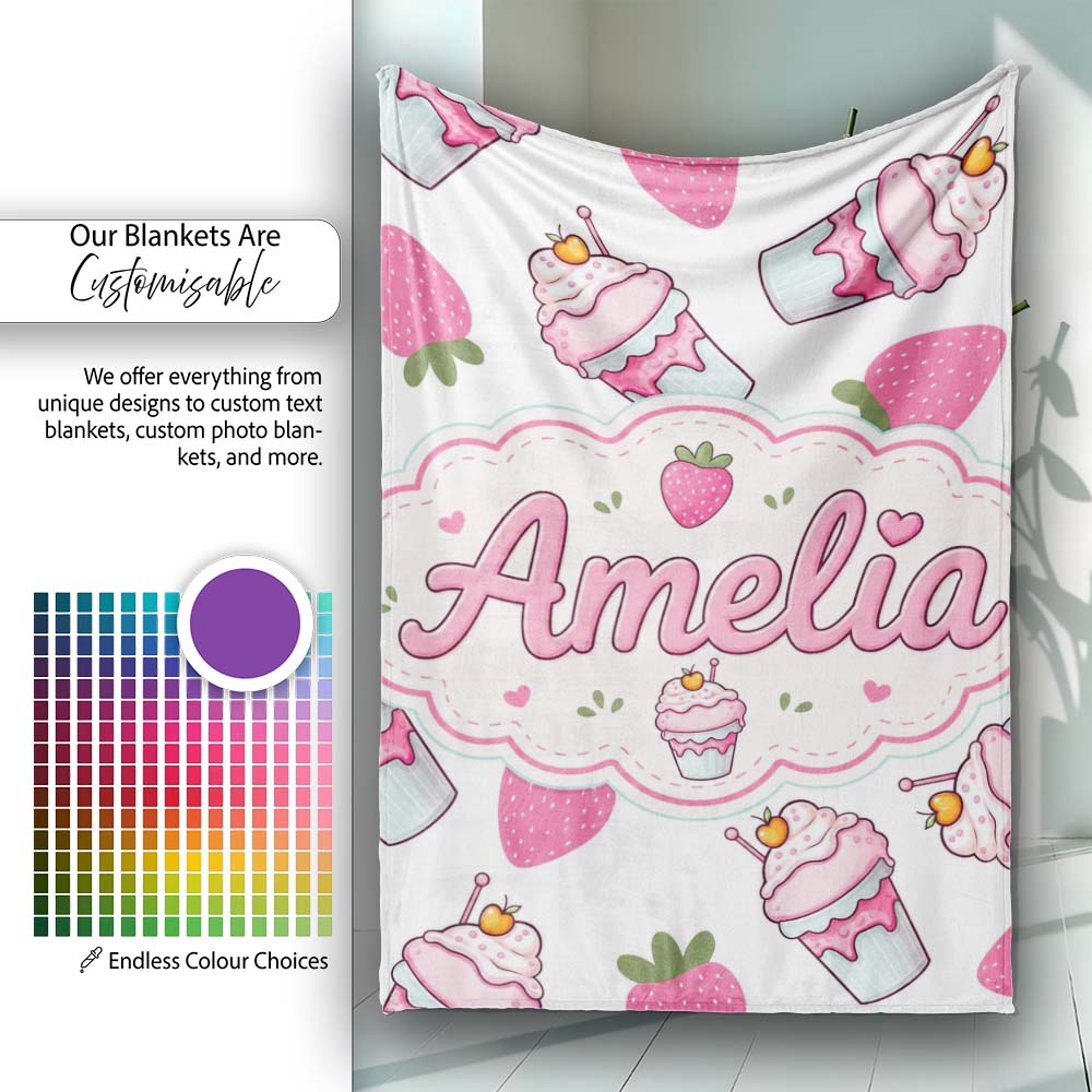 Strawberry Cupcakes and Sweet Treats on Grey Background Seamless  Personalised Custom Name Super Soft Fleece Blanket Bed Sofa Throw