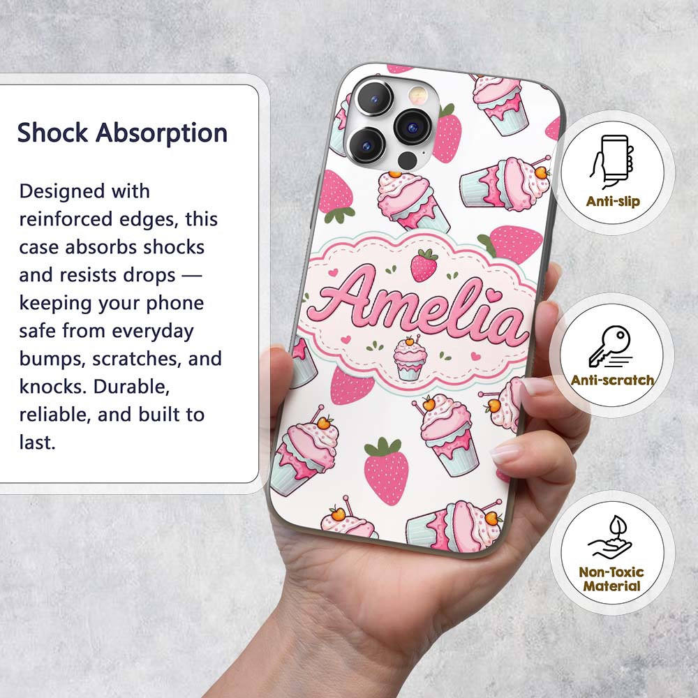 Strawberry Cupcakes and Sweet Treats on Grey Custom Name Protective Phone Case Mobile Cover Durable Everyday Smartphone Shock Resistant