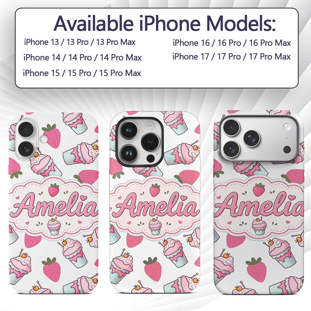 Strawberry Cupcakes and Sweet Treats on Grey Custom Name Protective Phone Case Mobile Cover Durable Everyday Smartphone Shock Resistant