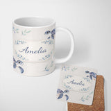 Personalized Custom Name Watercolor Sea Turtle Ocean Minimal Leaf Seamless Pattern Lovely 11oz Ceramic Coffee Tea Mug White Large Handle
