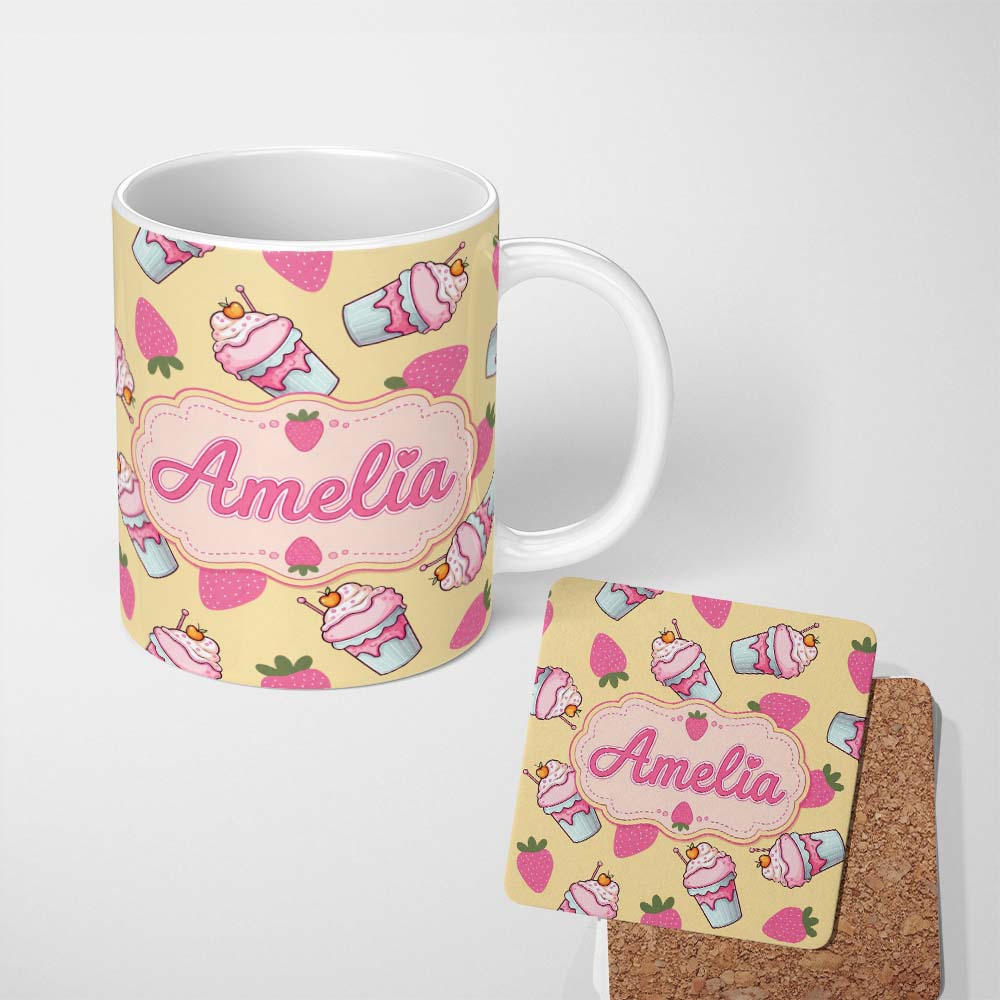 Personalized Custom Name Strawberry Cupcakes and Sweet Treats on Yellow Background Seamless 11oz Ceramic Coffee Tea Mug White Large Handle
