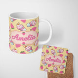 Personalized Custom Name Strawberry Cupcakes and Sweet Treats on Yellow Background Seamless 11oz Ceramic Coffee Tea Mug White Large Handle