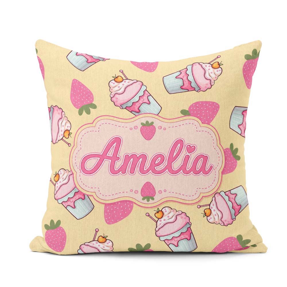Custom Name Strawberry Cupcakes and Sweet Treats Yellow Seamless Square Filled Cushion Throw Pillow Sofa Bed Home Decor Zip Washable UK Made