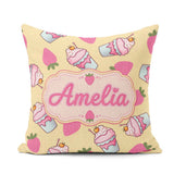Custom Name Strawberry Cupcakes and Sweet Treats Yellow Seamless Square Filled Cushion Throw Pillow Sofa Bed Home Decor Zip Washable UK Made