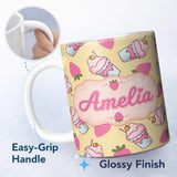 Personalized Custom Name Strawberry Cupcakes and Sweet Treats on Yellow Background Seamless 11oz Ceramic Coffee Tea Mug White Large Handle