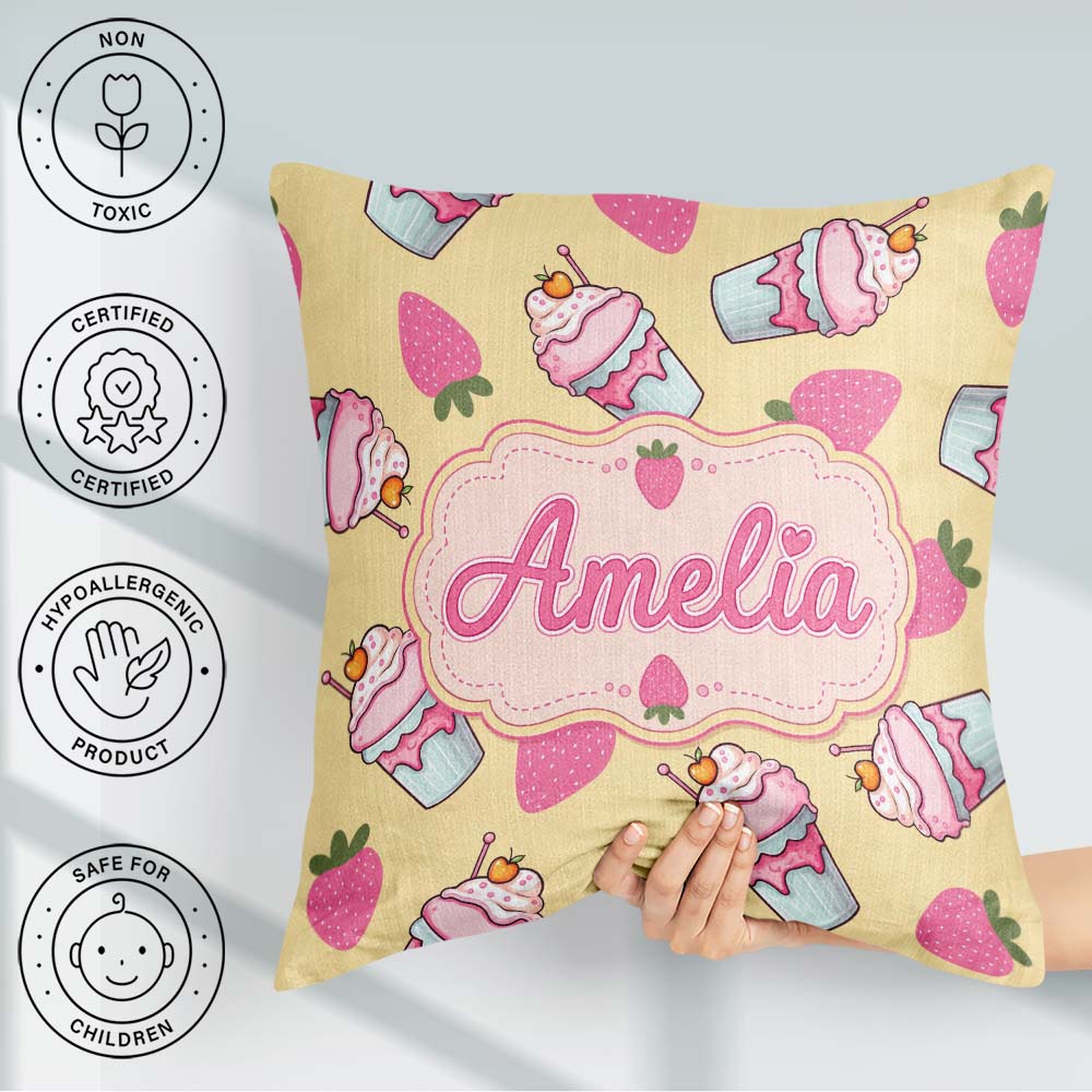Custom Name Strawberry Cupcakes and Sweet Treats Yellow Seamless Square Filled Cushion Throw Pillow Sofa Bed Home Decor Zip Washable UK Made