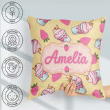Custom Name Strawberry Cupcakes and Sweet Treats Yellow Seamless Square Filled Cushion Throw Pillow Sofa Bed Home Decor Zip Washable UK Made