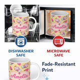 Personalized Custom Name Strawberry Cupcakes and Sweet Treats on Yellow Background Seamless 11oz Ceramic Coffee Tea Mug White Large Handle