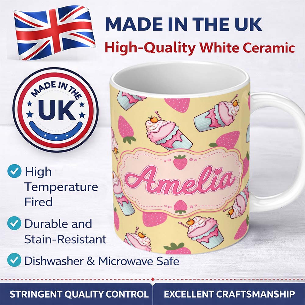 Personalized Custom Name Strawberry Cupcakes and Sweet Treats on Yellow Background Seamless 11oz Ceramic Coffee Tea Mug White Large Handle