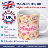 Personalized Custom Name Strawberry Cupcakes and Sweet Treats on Yellow Background Seamless 11oz Ceramic Coffee Tea Mug White Large Handle