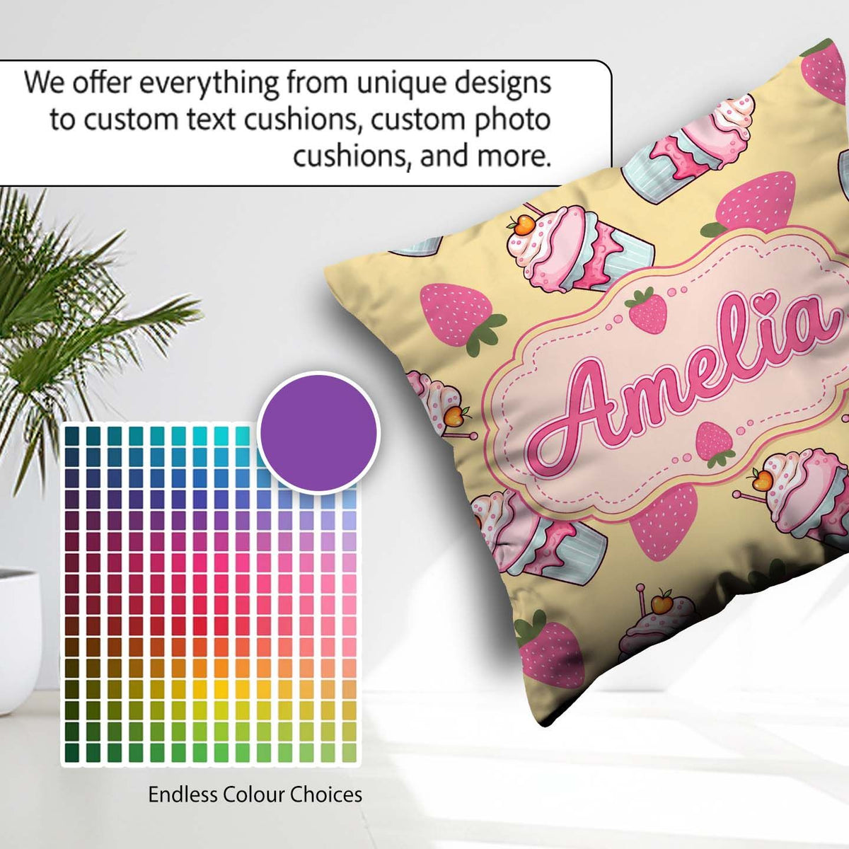 Custom Name Strawberry Cupcakes and Sweet Treats Yellow Seamless Square Filled Cushion Throw Pillow Sofa Bed Home Decor Zip Washable UK Made