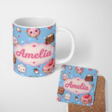 Personalized Custom Name Kawaii Desserts and Donuts with Strawberry on Blue Background 11oz Ceramic Coffee Tea Mug White Large Handle