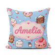 Custom Name Kawaii and Donuts with Strawberry on Blue Background Square Filled Cushion Throw Pillow Sofa Bed Home Decor Zip Washable UK Made