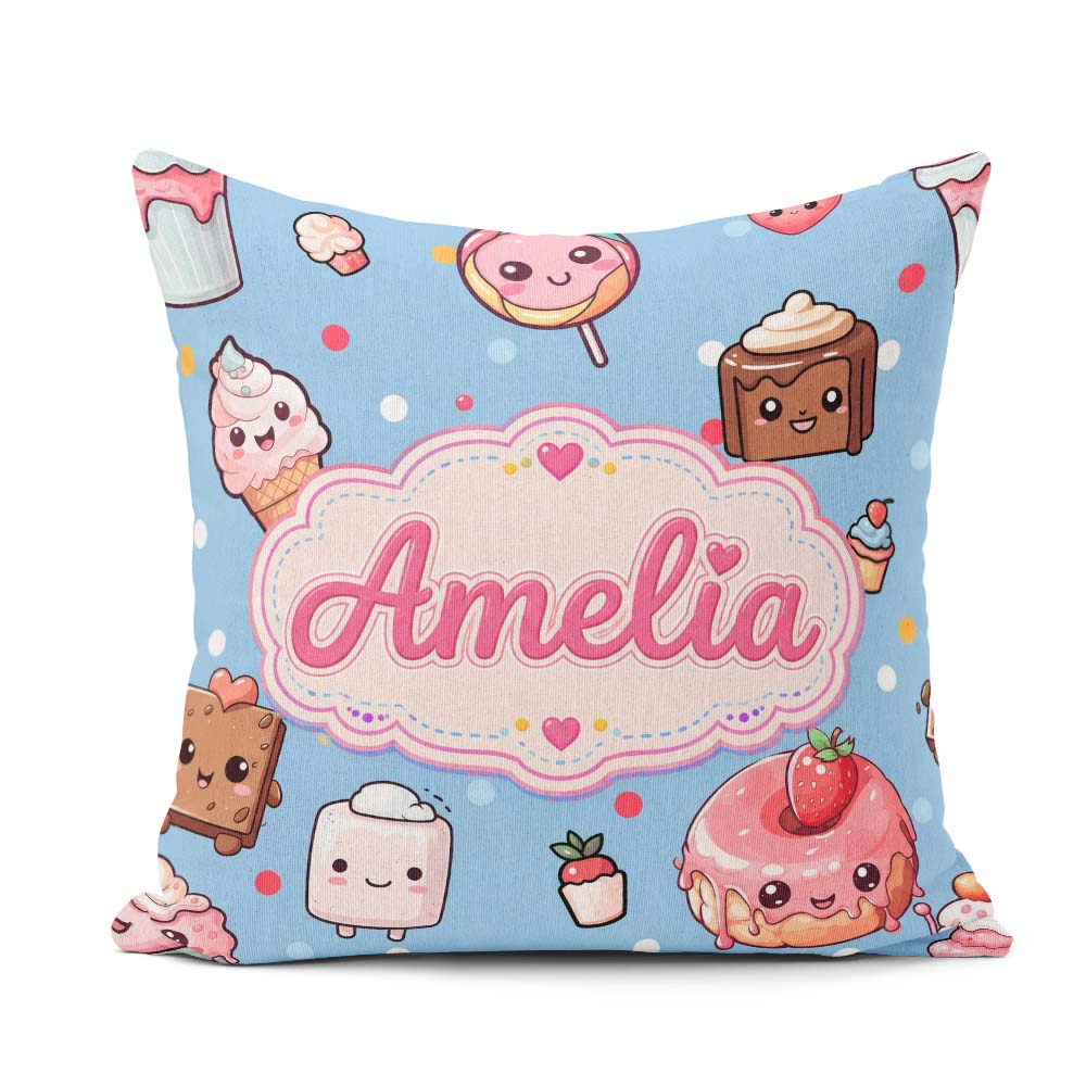 Custom Name Kawaii and Donuts with Strawberry on Blue Background Square Filled Cushion Throw Pillow Sofa Bed Home Decor Zip Washable UK Made