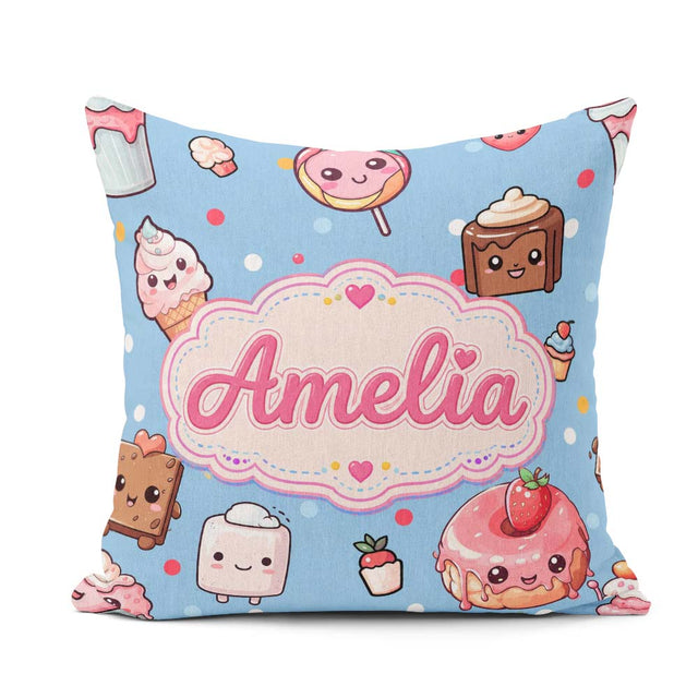 Custom Name Kawaii and Donuts with Strawberry on Blue Background Square Filled Cushion Throw Pillow Sofa Bed Home Decor Zip Washable UK Made