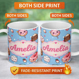Personalized Custom Name Kawaii Desserts and Donuts with Strawberry on Blue Background 11oz Ceramic Coffee Tea Mug White Large Handle