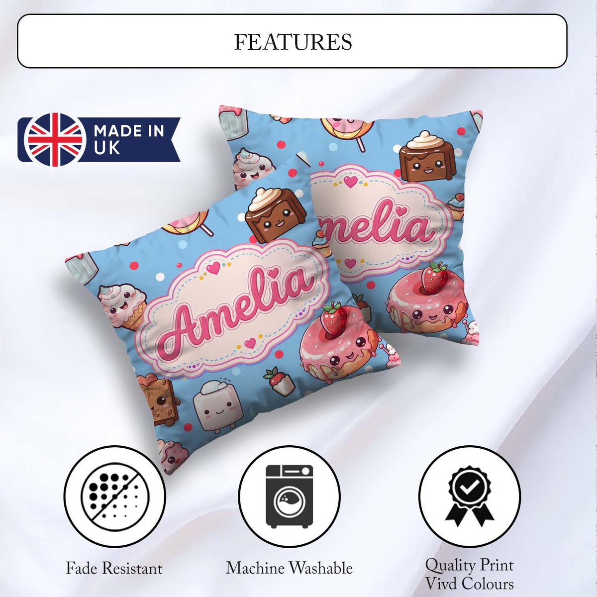 Custom Name Kawaii and Donuts with Strawberry on Blue Background Square Filled Cushion Throw Pillow Sofa Bed Home Decor Zip Washable UK Made