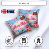 Custom Name Kawaii and Donuts with Strawberry on Blue Background Square Filled Cushion Throw Pillow Sofa Bed Home Decor Zip Washable UK Made