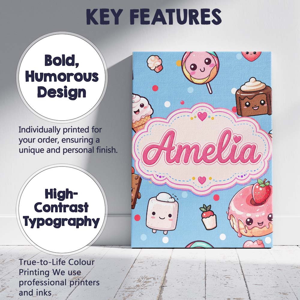 Personalised Name Kawaii Desserts and Custom Modern Room Accent Creative Decorator Style Canvas Wall Art Print Decor Picture Ready to Hang
