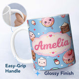 Personalized Custom Name Kawaii Desserts and Donuts with Strawberry on Blue Background 11oz Ceramic Coffee Tea Mug White Large Handle