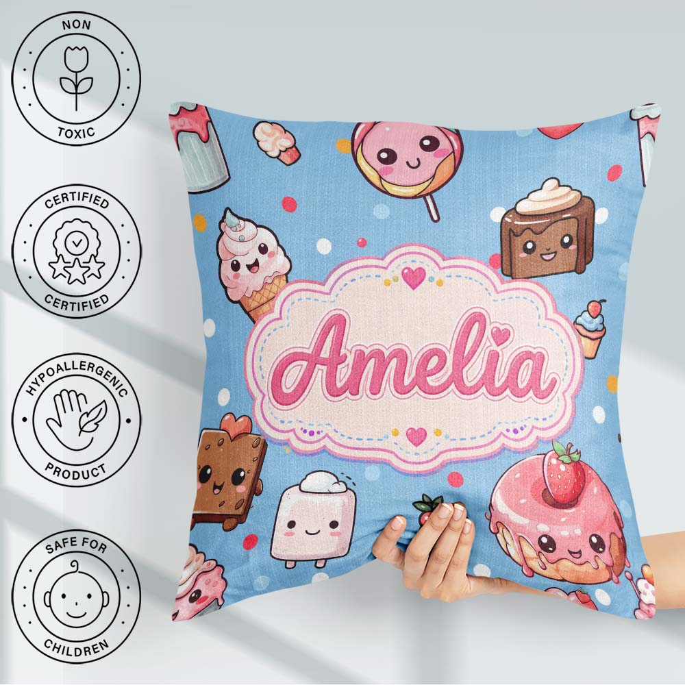 Custom Name Kawaii and Donuts with Strawberry on Blue Background Square Filled Cushion Throw Pillow Sofa Bed Home Decor Zip Washable UK Made
