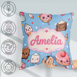 Custom Name Kawaii and Donuts with Strawberry on Blue Background Square Filled Cushion Throw Pillow Sofa Bed Home Decor Zip Washable UK Made