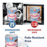 Personalized Custom Name Kawaii Desserts and Donuts with Strawberry on Blue Background 11oz Ceramic Coffee Tea Mug White Large Handle