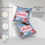 Custom Name Kawaii and Donuts with Strawberry on Blue Background Square Filled Cushion Throw Pillow Sofa Bed Home Decor Zip Washable UK Made