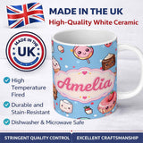 Personalized Custom Name Kawaii Desserts and Donuts with Strawberry on Blue Background 11oz Ceramic Coffee Tea Mug White Large Handle