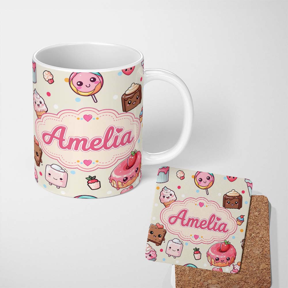 Personalized Custom Name Kawaii Dessert and Donuts with Strawberry on Cream Background 11oz Ceramic Coffee Tea Mug White Large Handle