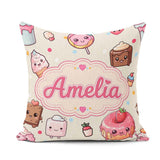 Custom Name Kawaii Dessert and Donuts with Strawberry on Cream Square Filled Cushion Throw Pillow Sofa Bed Home Decor Zip Washable UK Made