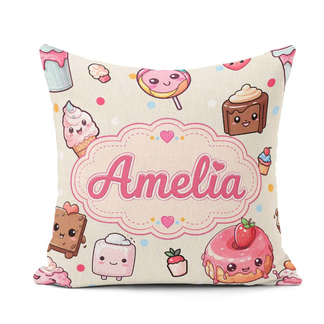 Custom Name Kawaii Dessert and Donuts with Strawberry on Cream Square Filled Cushion Throw Pillow Sofa Bed Home Decor Zip Washable UK Made
