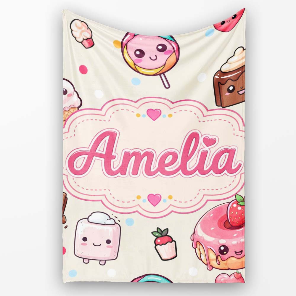 Kawaii Dessert and Donuts with Strawberry on Cream Background  Personalised Custom Name Super Soft Fleece Blanket Bed Sofa Throw