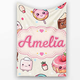 Kawaii Dessert and Donuts with Strawberry on Cream Background  Personalised Custom Name Super Soft Fleece Blanket Bed Sofa Throw