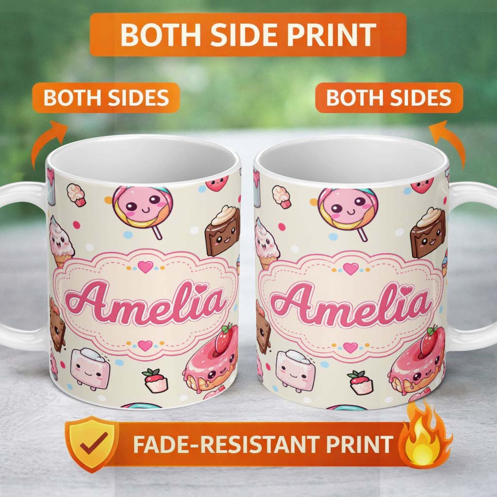 Personalized Custom Name Kawaii Dessert and Donuts with Strawberry on Cream Background 11oz Ceramic Coffee Tea Mug White Large Handle