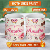Personalized Custom Name Kawaii Dessert and Donuts with Strawberry on Cream Background 11oz Ceramic Coffee Tea Mug White Large Handle