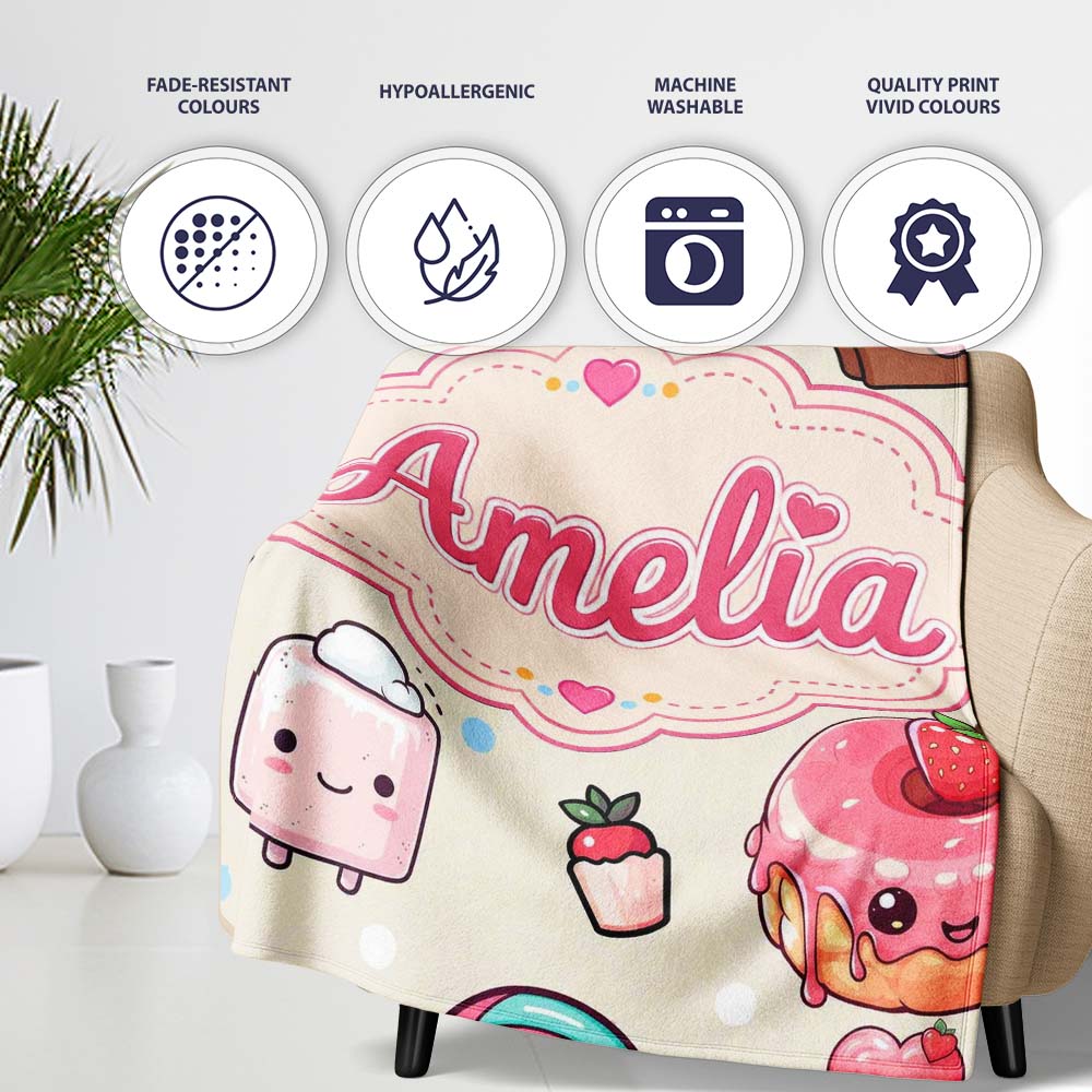 Kawaii Dessert and Donuts with Strawberry on Cream Background  Personalised Custom Name Super Soft Fleece Blanket Bed Sofa Throw
