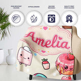 Kawaii Dessert and Donuts with Strawberry on Cream Background  Personalised Custom Name Super Soft Fleece Blanket Bed Sofa Throw