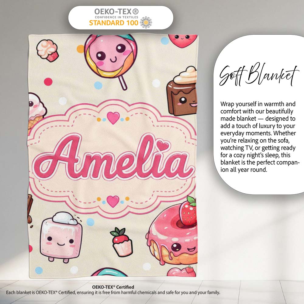 Kawaii Dessert and Donuts with Strawberry on Cream Background  Personalised Custom Name Super Soft Fleece Blanket Bed Sofa Throw