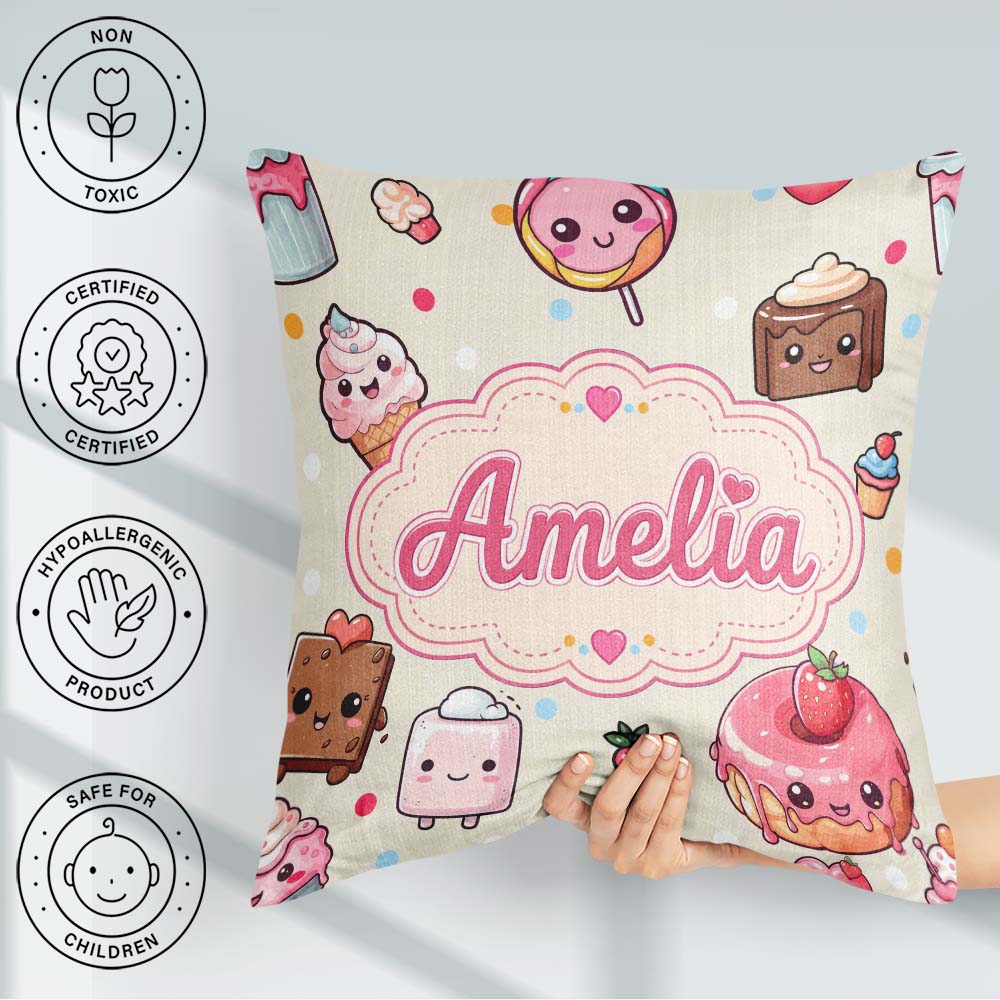 Custom Name Kawaii Dessert and Donuts with Strawberry on Cream Square Filled Cushion Throw Pillow Sofa Bed Home Decor Zip Washable UK Made