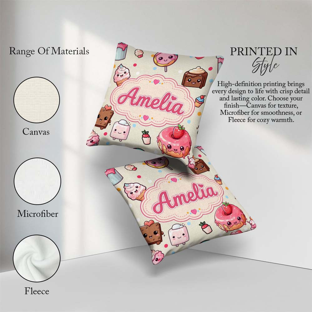 Custom Name Kawaii Dessert and Donuts with Strawberry on Cream Square Filled Cushion Throw Pillow Sofa Bed Home Decor Zip Washable UK Made