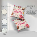 Custom Name Kawaii Dessert and Donuts with Strawberry on Cream Square Filled Cushion Throw Pillow Sofa Bed Home Decor Zip Washable UK Made