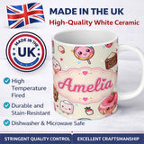 Personalized Custom Name Kawaii Dessert and Donuts with Strawberry on Cream Background 11oz Ceramic Coffee Tea Mug White Large Handle