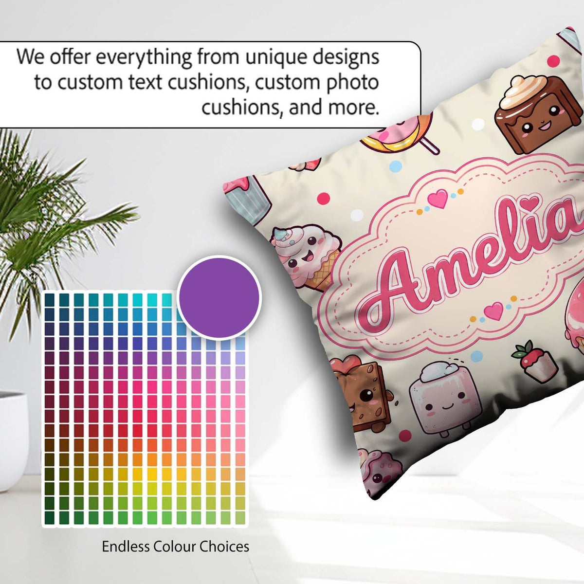 Custom Name Kawaii Dessert and Donuts with Strawberry on Cream Square Filled Cushion Throw Pillow Sofa Bed Home Decor Zip Washable UK Made