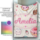 Kawaii Dessert and Donuts with Strawberry on Cream Background  Personalised Custom Name Super Soft Fleece Blanket Bed Sofa Throw