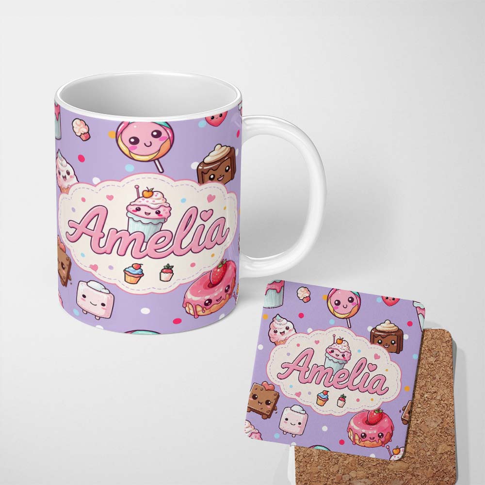 Personalized Custom Name Kawaii Desserts Cupcake Donut and Sweets on Purple Background 11oz Ceramic Coffee Tea Mug White Large Handle