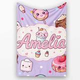 Kawaii Desserts Cupcake Donut and Sweets on Purple Background  Personalised Custom Name Super Soft Fleece Blanket Bed Sofa Throw